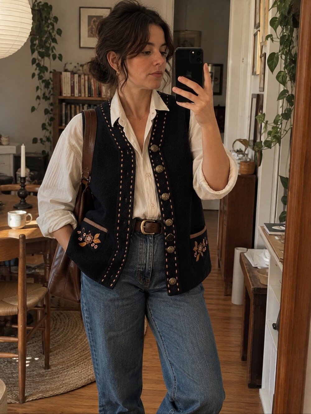 Vintage Emilie 100% Wool Embroidered Folk Vest Navy S
